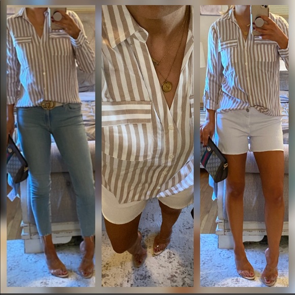 New๐คKhaki/white striped v button down - Picture 2 of 7